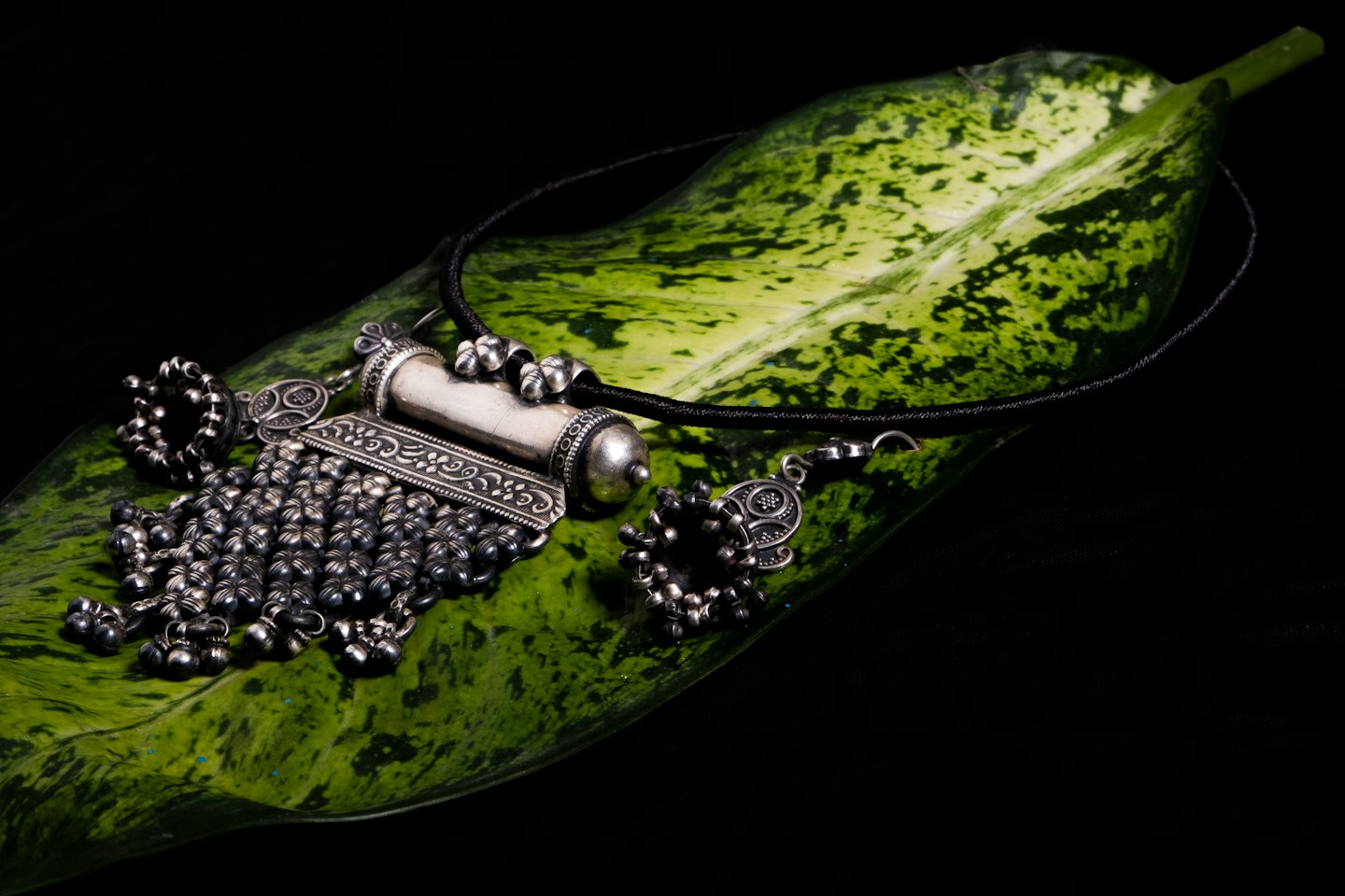 Silver necklace and earring resting on a green leaf.